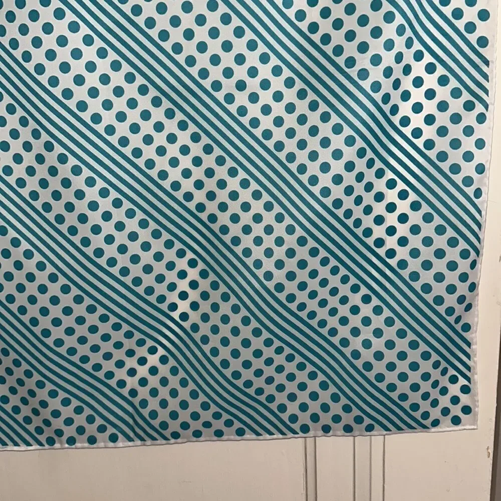 Vtg mid century white polyester‎ square scarf / turquoise stripes & polka dots